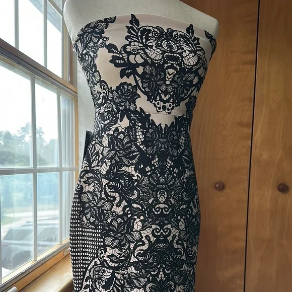 Express (NWT)- Black and White Strapless Sheath Dress - Picture 6 of 16